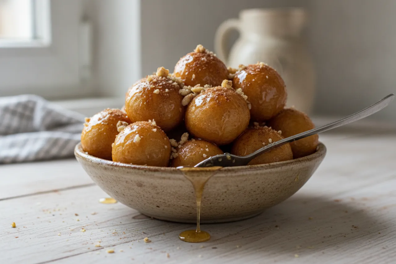 Loukoumades — Greek recipe, finished and plated
