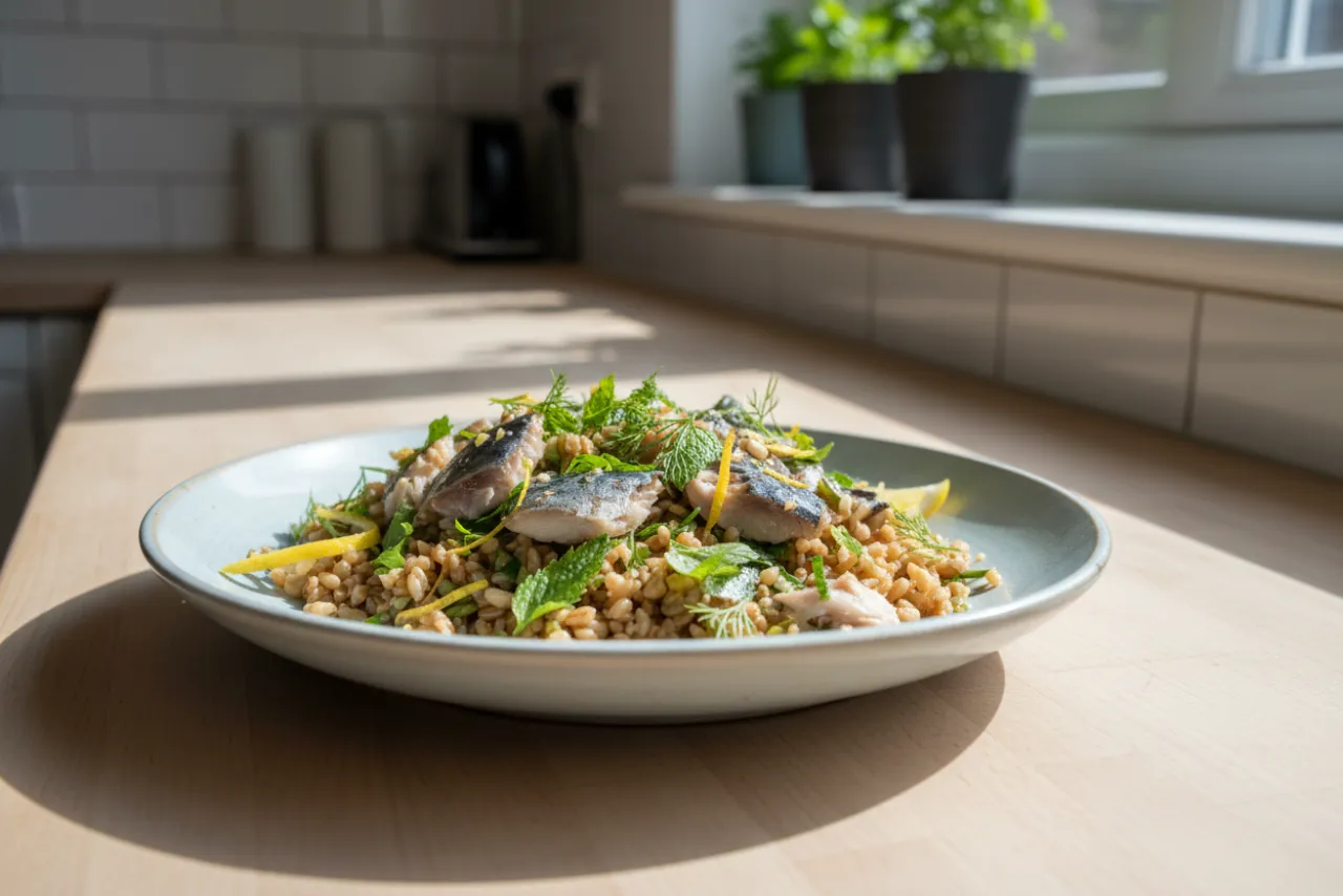 Smoky Mackerel & Farro Salad — a high-protein pasta mediterranean recipe with about 5g of fiber