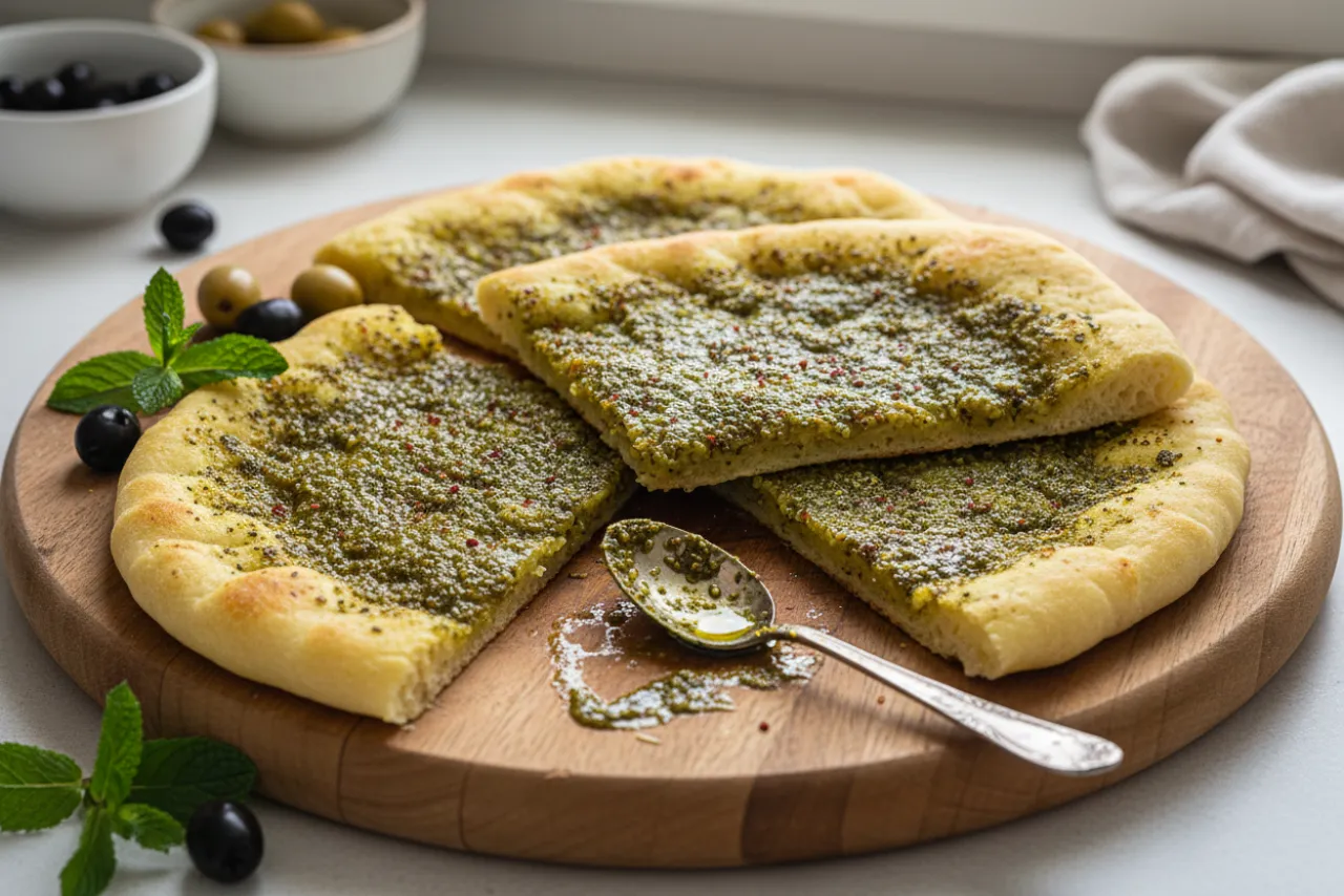 Manakish Za'atar — Middle Eastern recipe, finished and plated