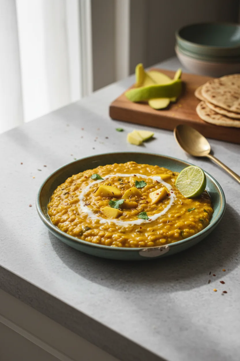 Mango Dal — Indian recipe, finished and plated