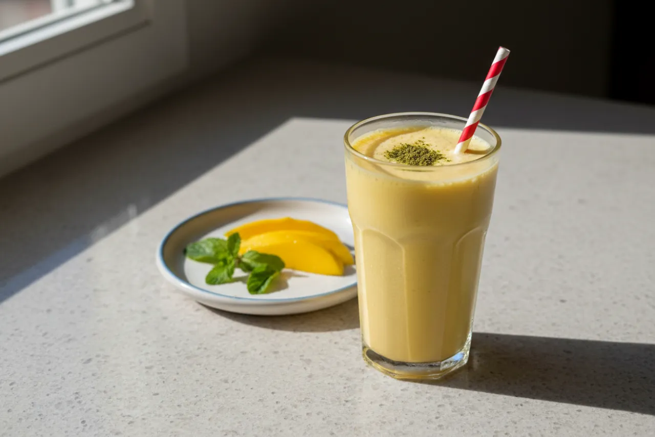 Mango Lassi Smoothie — Indian recipe, finished and plated