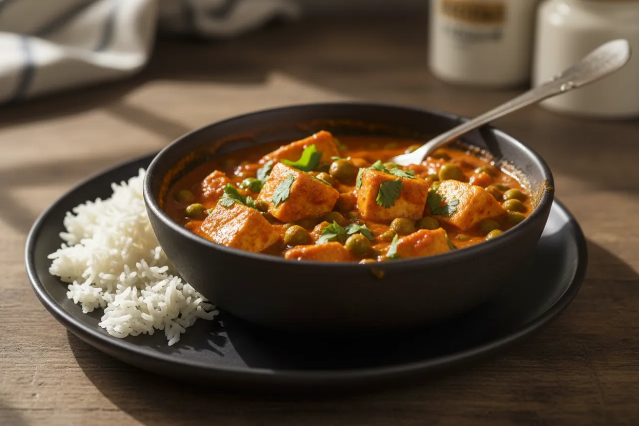 Matar Paneer — Indian recipe, finished and plated