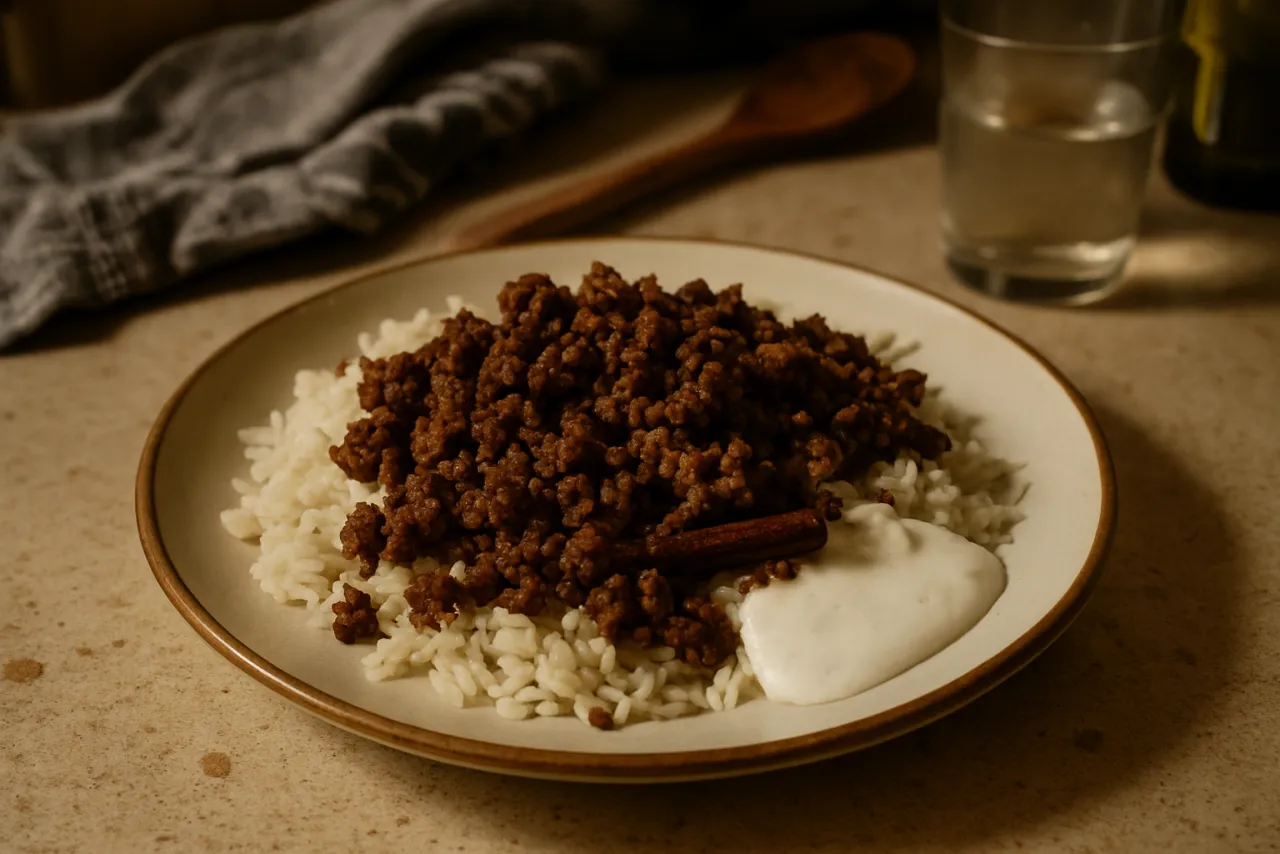 Spiced Beef & Rice with Yogurt — a cheap healthy middle eastern recipe with about 2g of fiber