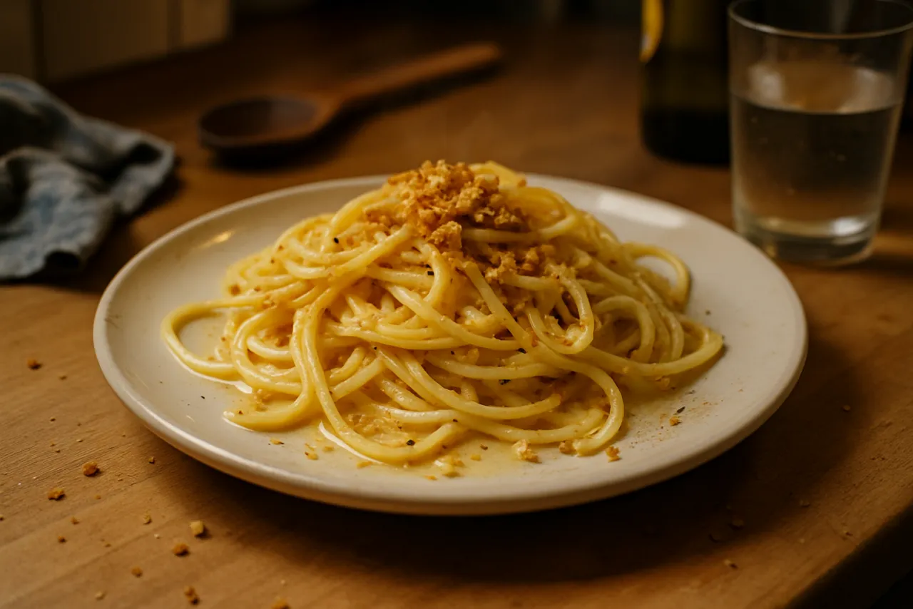 Garlic-Lemon Spaghetti with Toasted Crumbs — a easy Mediterranean mediterranean recipe with about 5g of fiber