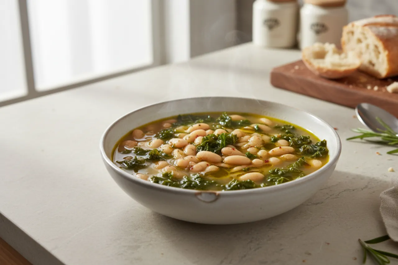 Tuscan White Bean & Kale Soup — a anti-inflammatory soup italian recipe with about 11g of fiber