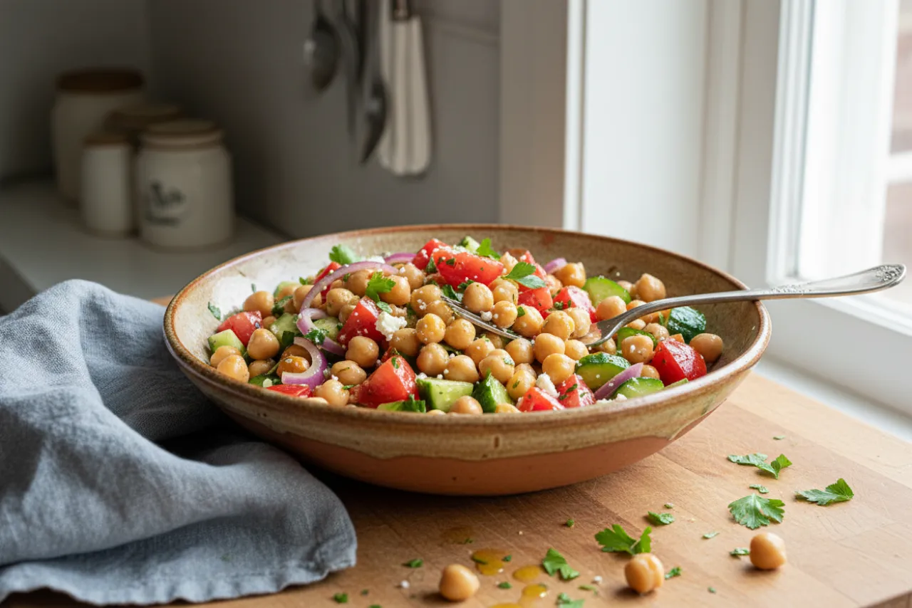 Mediterranean Chickpea Salad — a high-fiber salad mediterranean recipe with about 9g of fiber