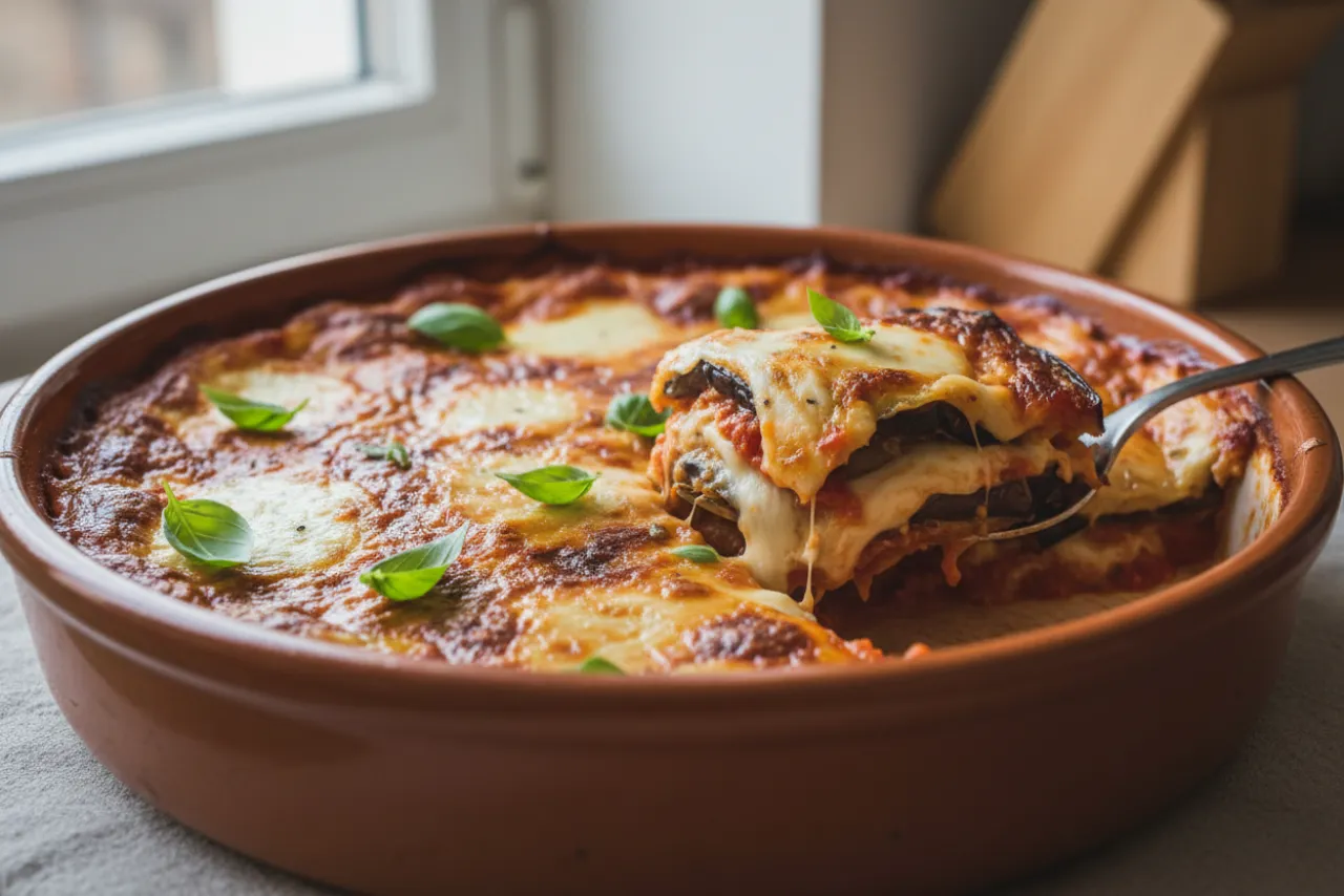 Melanzane alla Parmigiana — a vegetarian Mediterranean italian recipe with about 6g of fiber