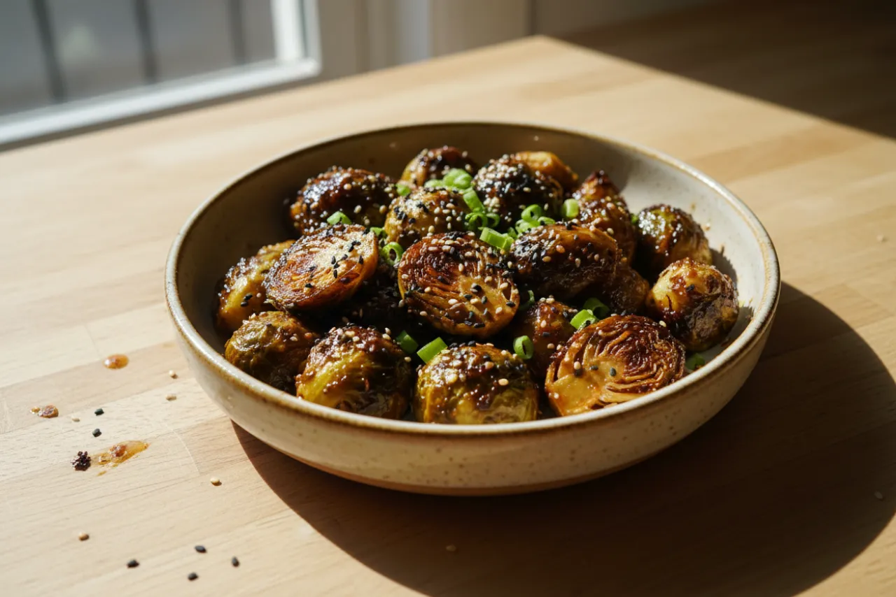 Miso-Roasted Brussels Sprouts — Japanese recipe, finished and plated
