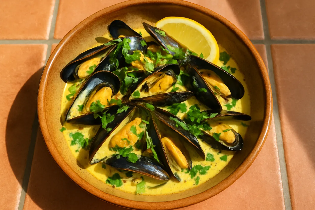 Curried Mussels — a high-protein seafood french recipe with about 3g of fiber
