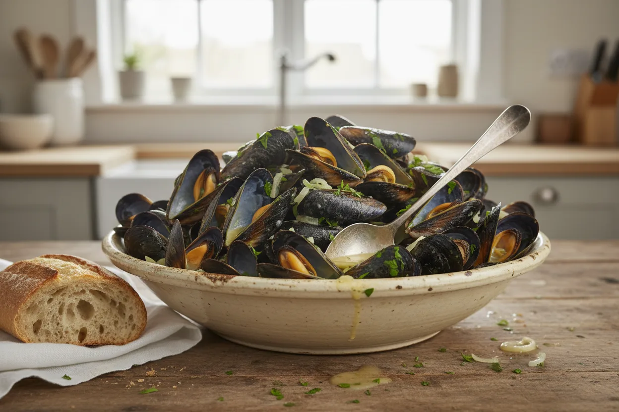 Moules Mariniere — a high-protein muscle-building french recipe with about 2g of fiber