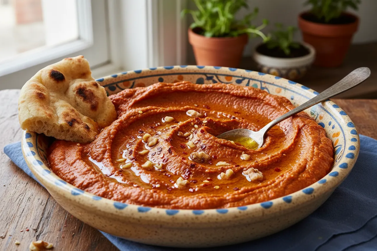 Muhammara (Roasted Red Pepper and Walnut Dip) — Mediterranean recipe, finished and plated