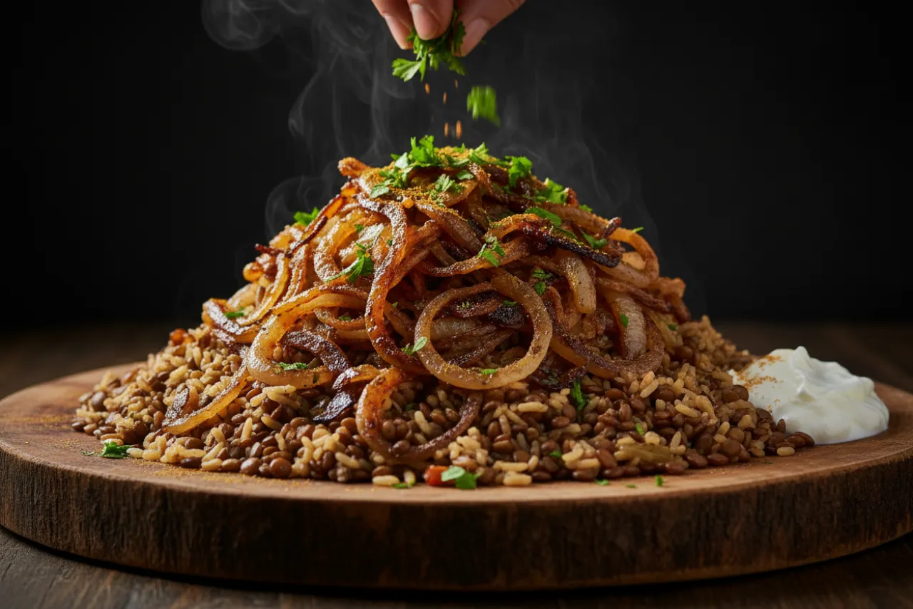 Mujadara — Middle Eastern recipe, finished and plated