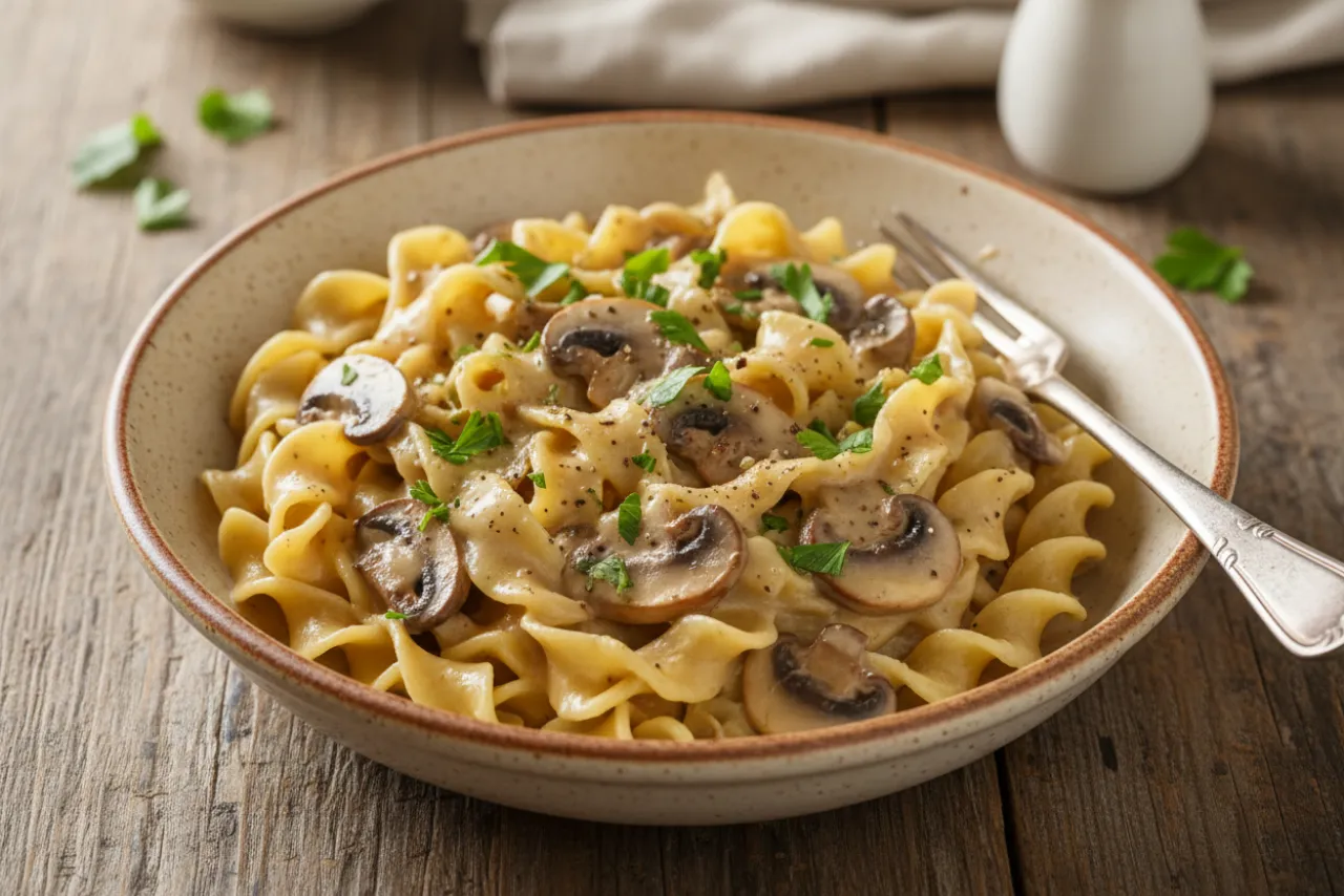 Mushroom Stroganoff — a dinner for two american recipe with about 14g of fiber