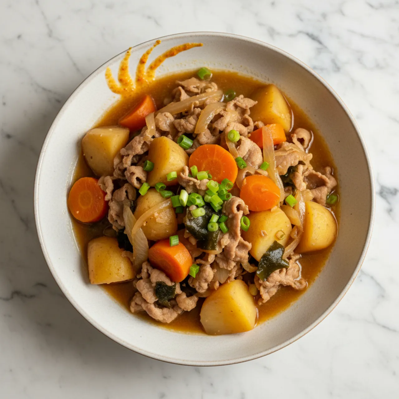 Pork Nikujaga — a low-calorie high-protein japanese recipe with about 6g of fiber