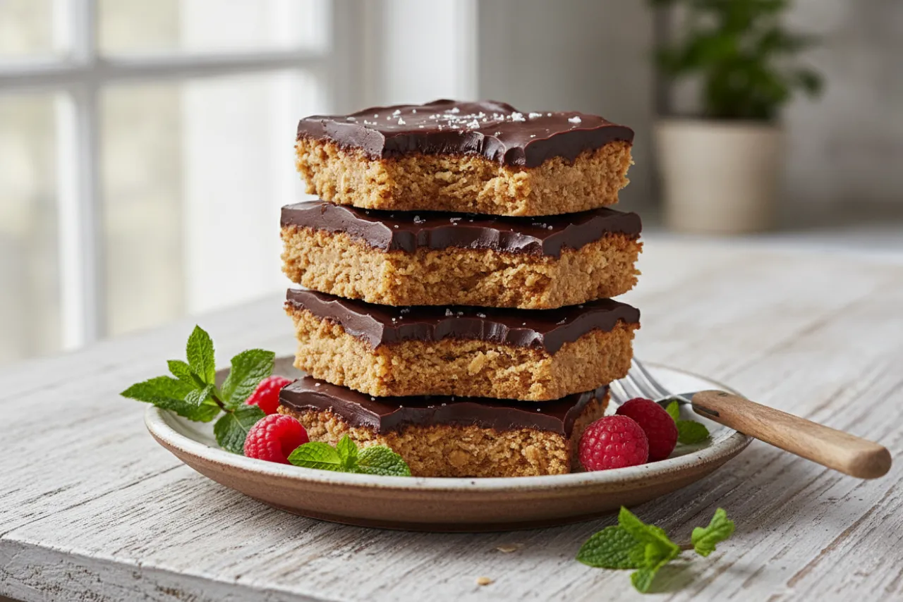 No-Bake Chocolate Oat Bars — American recipe, finished and plated