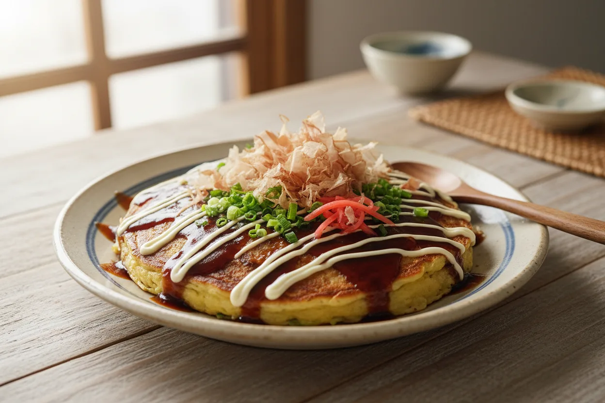 Okonomiyaki (Osaka-style) — Japanese recipe, finished and plated