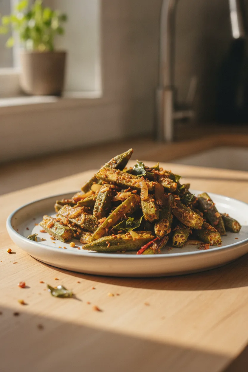 Bhindi Fry — Indian recipe, finished and plated