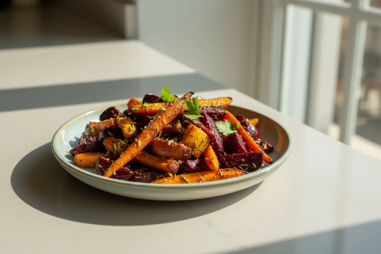 Olive-Oil Roasted Roots — Mediterranean recipe, finished and plated