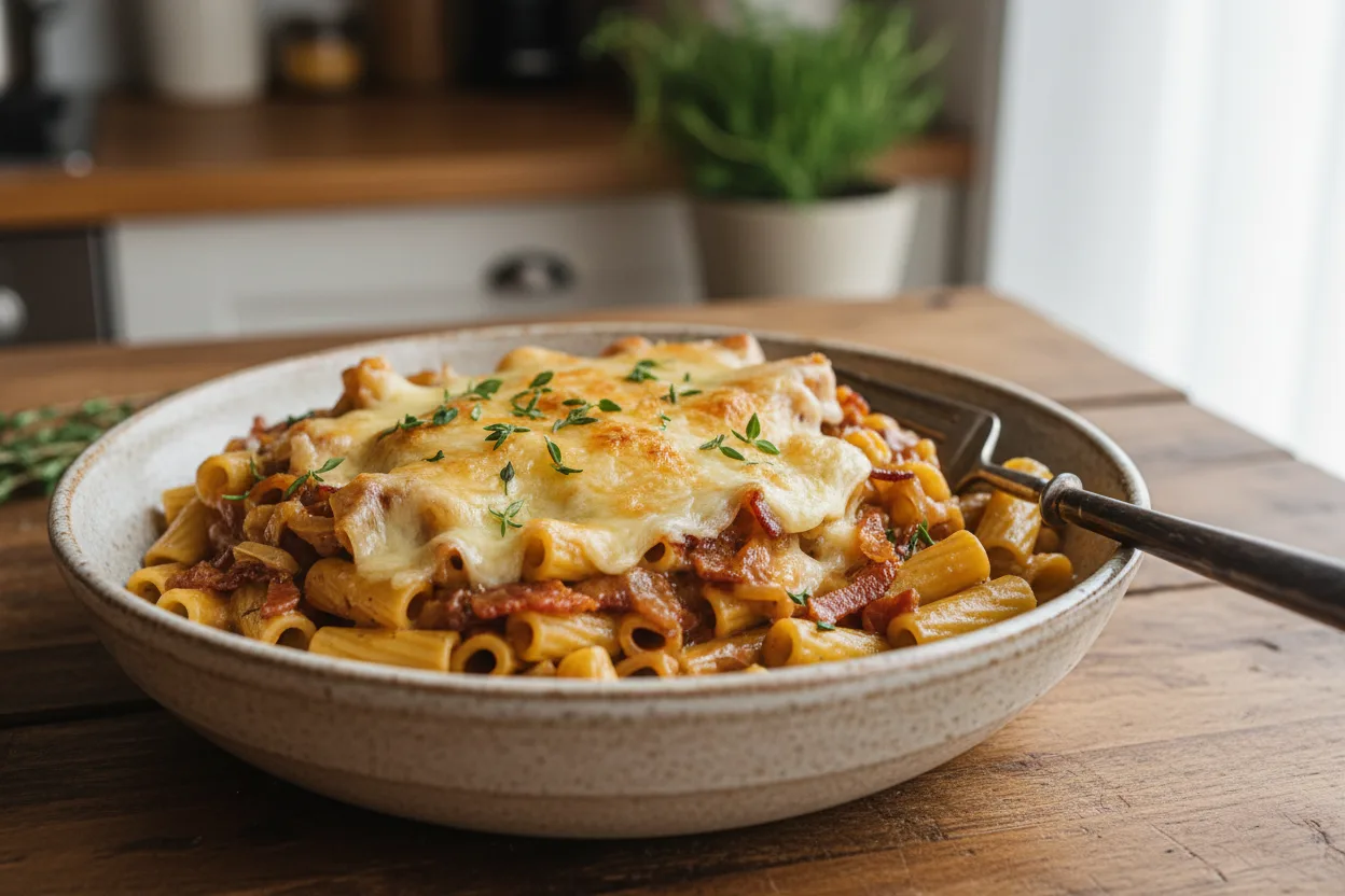 One Pot Creamy French Onion Pasta — a one-pot american recipe with about 2g of fiber
