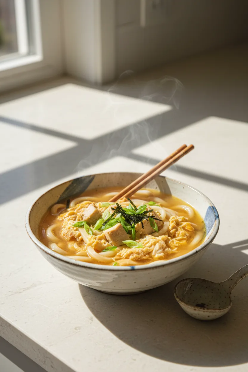 Oyako Udon — Japanese recipe, finished and plated