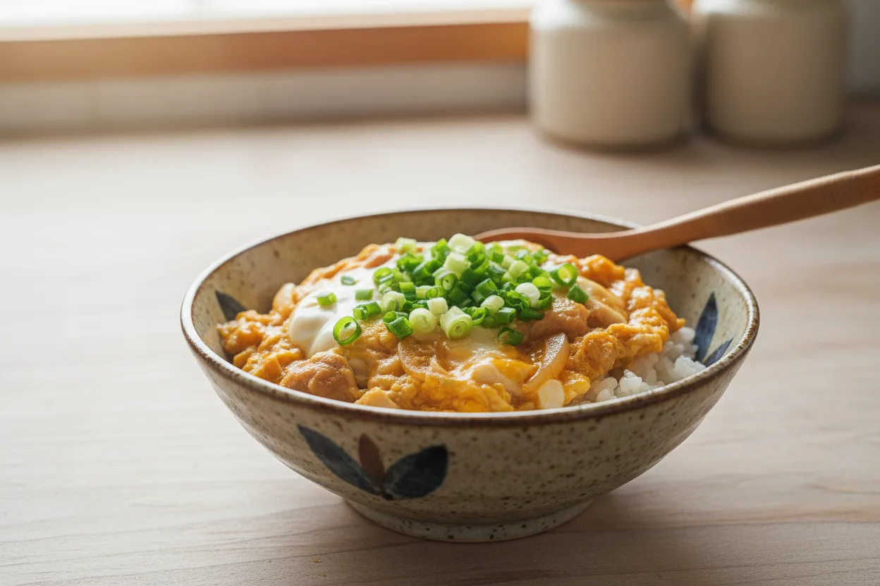 Oyakodon — Japanese recipe, finished and plated