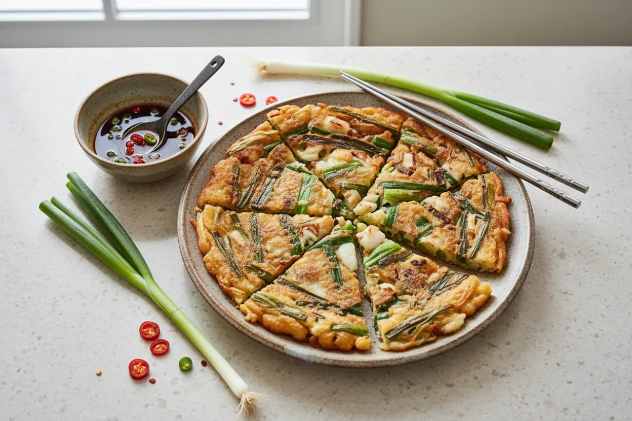 Pajeon — Korean recipe, finished and plated