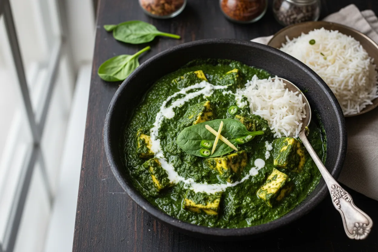 Palak Paneer — Indian recipe, finished and plated