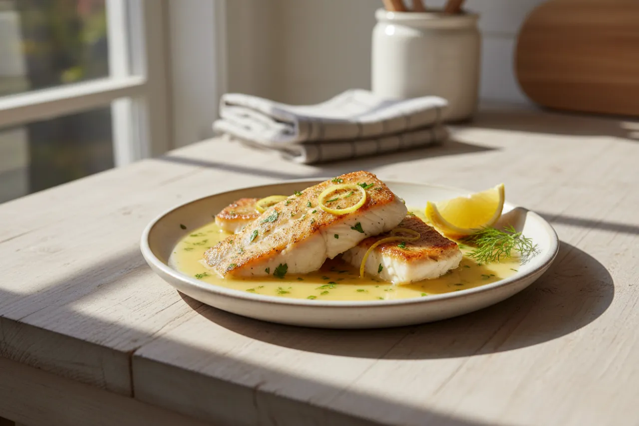 Lemon Butter Pan-Fried Fish — a high-protein seafood french recipe with about 1g of fiber
