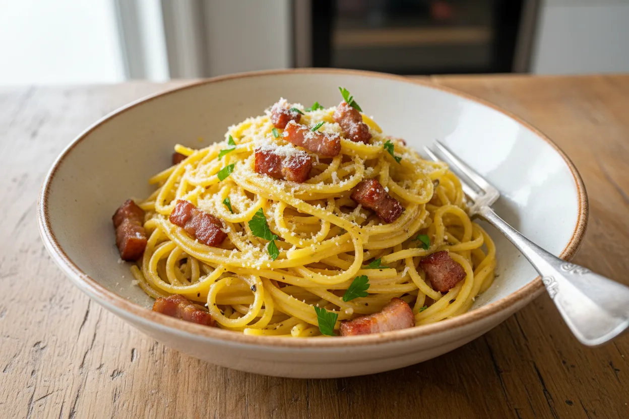 Pantry Carbonara — a high-protein pasta italian recipe with about 6g of fiber