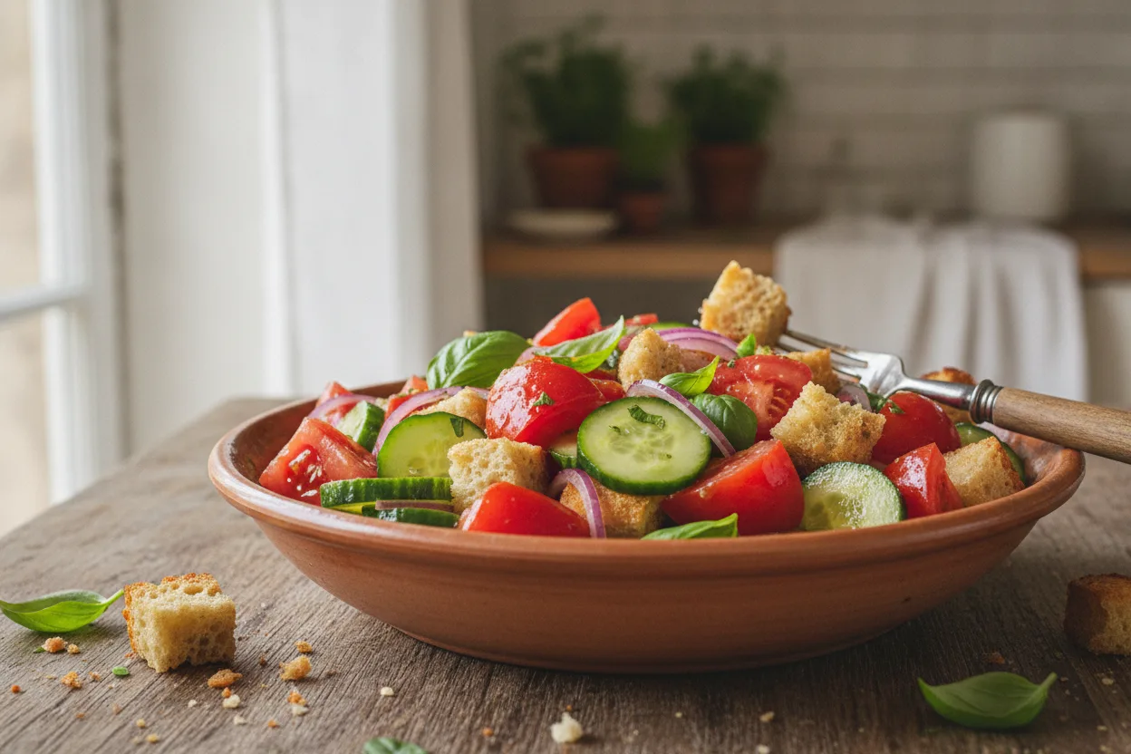 Panzanella — Italian recipe, finished and plated