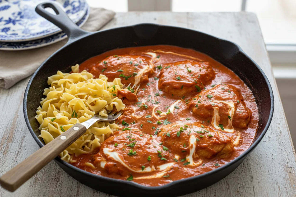 Csirkepaprikas (Hungarian Paprika Cream Chicken) — a high-protein dinner hungarian recipe with about 4g of fiber