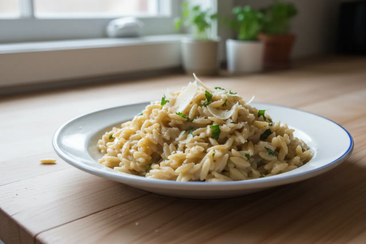 Creamy Parmesan Orzo — Italian recipe, finished and plated