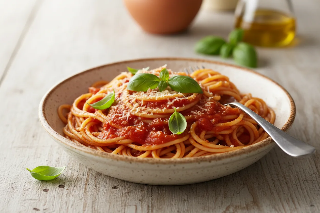 Pasta al Pomodoro — a easy Mediterranean italian recipe with about 7g of fiber