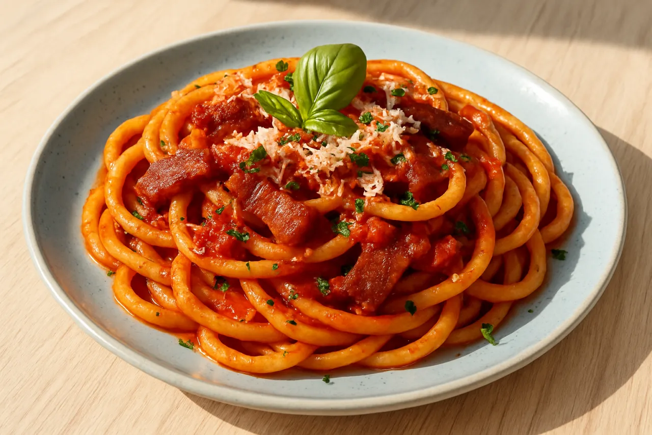 Bucatini all'Amatriciana — a Mediterranean dinner italian recipe with about 5g of fiber