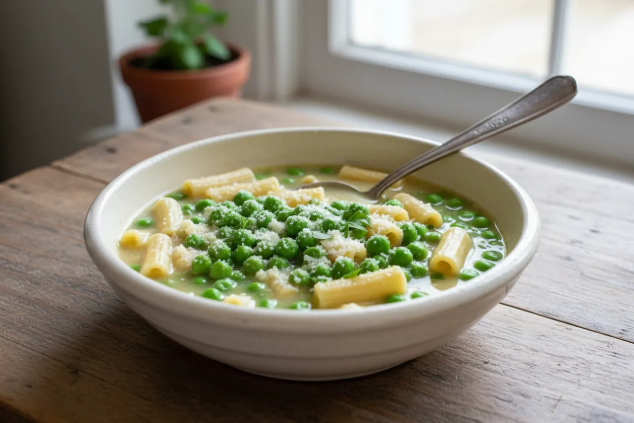 Pasta e Piselli — a high-protein vegetarian italian recipe with about 8g of fiber