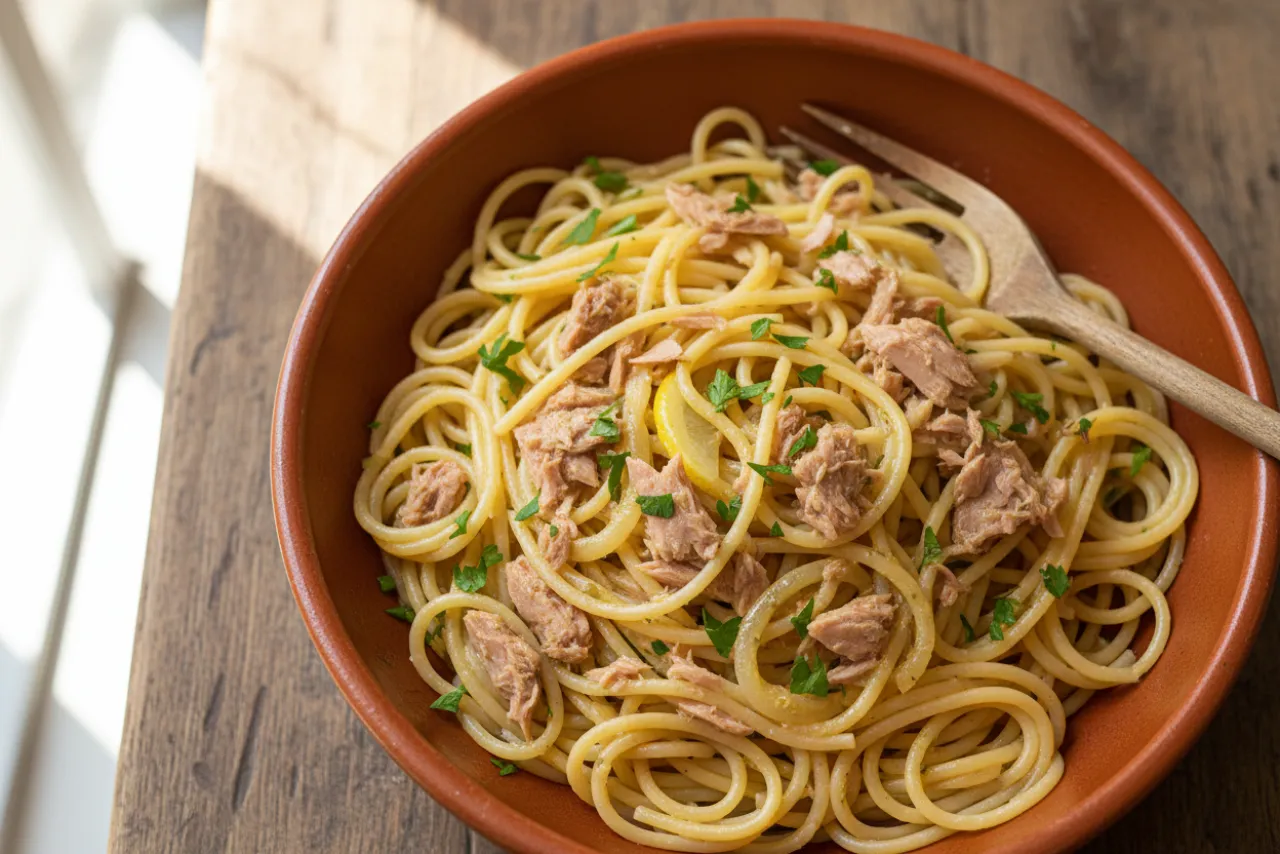 Tonno e Cipolle Pasta — a Mediterranean lunch italian recipe with about 5g of fiber