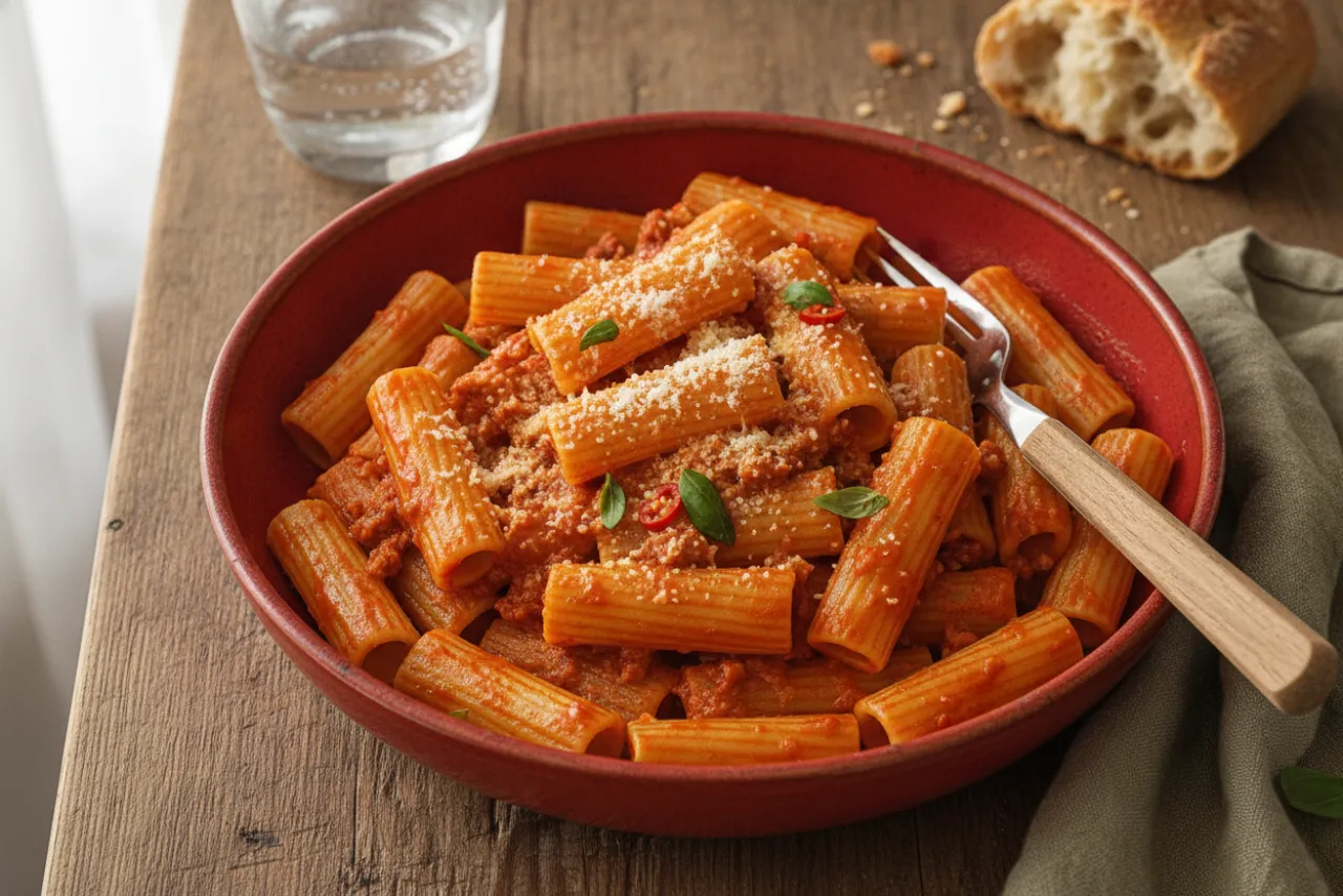 Rigatoni alla 'Nduja — a Mediterranean dinner italian recipe with about 4g of fiber