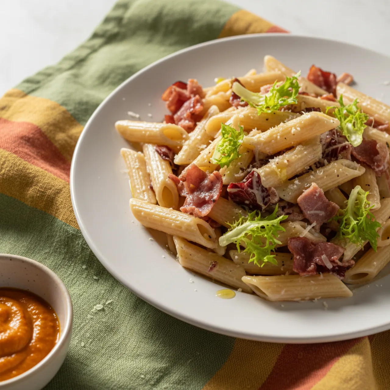Pasta with Speck and Frisee — a Mediterranean diet italian recipe with about 5g of fiber