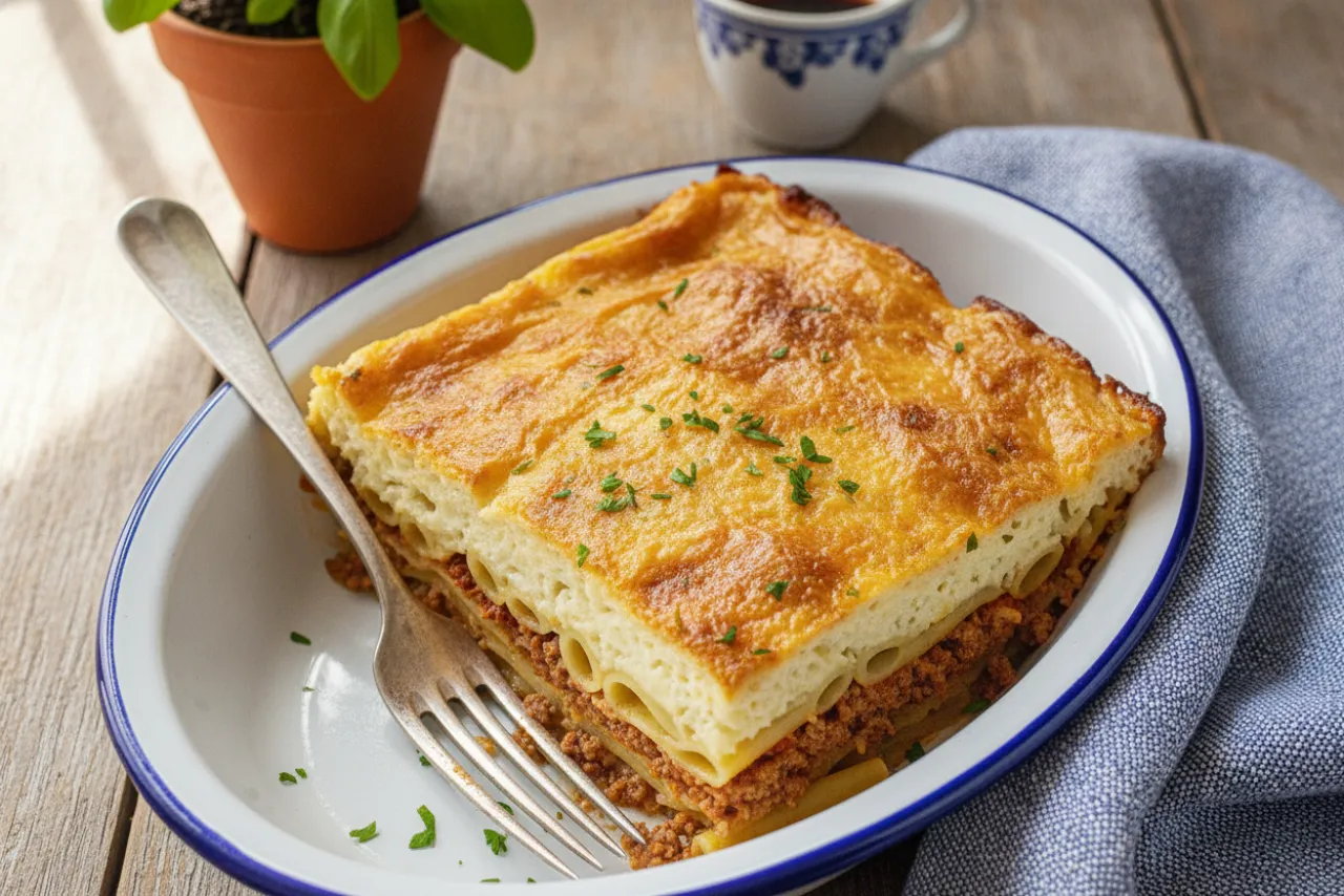 Pastitsio — a Mediterranean dinner greek recipe with about 4g of fiber