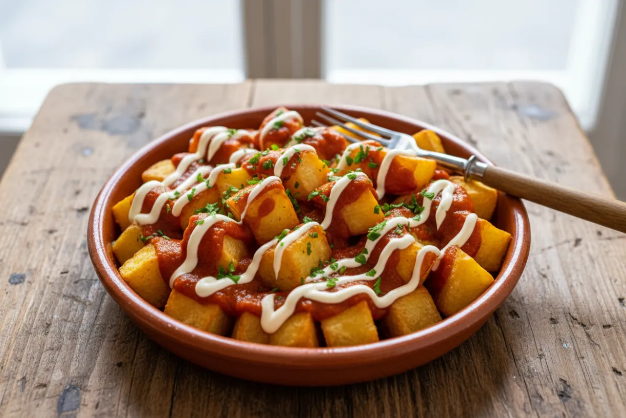 Patatas Bravas — Spanish recipe, finished and plated