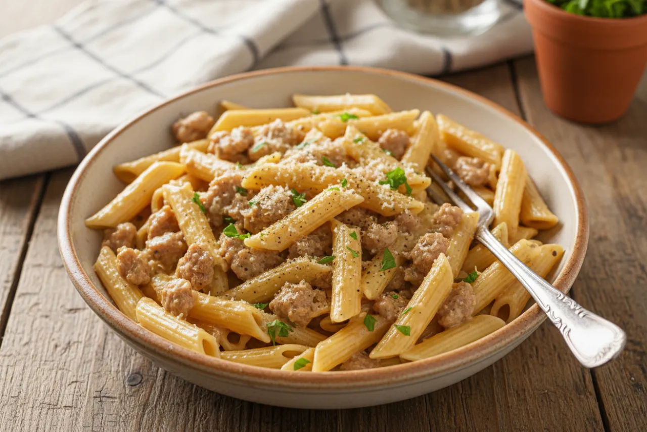 Penne alla Norcina — a Mediterranean lunch italian recipe with about 2g of fiber
