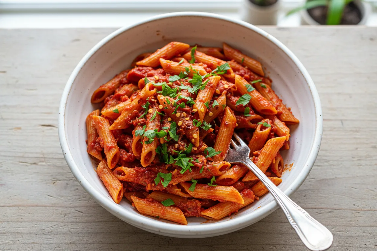 Penne Arrabbiata — a vegetarian Mediterranean italian recipe with about 7g of fiber