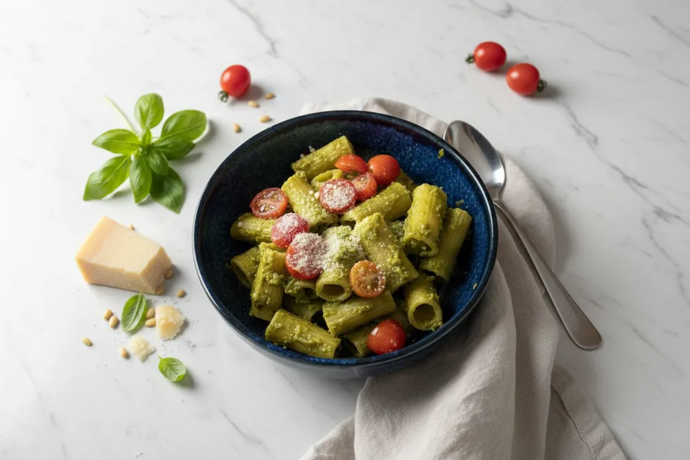 Pesto Rigatoni with Cherry Tomatoes — Italian recipe, finished and plated