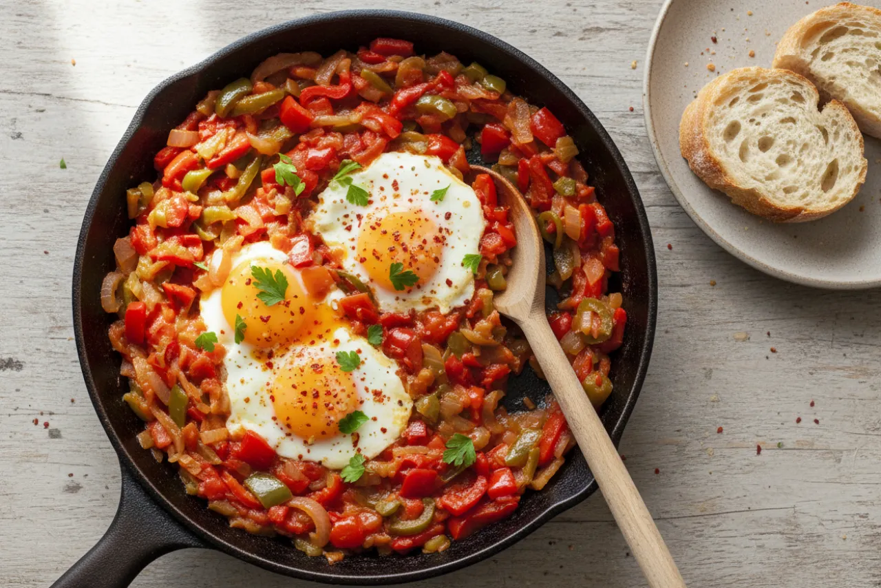 Piperade — a high-fiber high-protein breakfast french recipe with about 8g of fiber