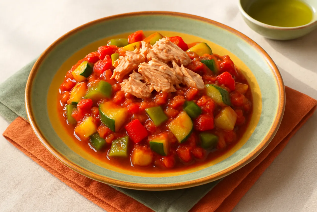 Pisto con Atun — a anti-inflammatory lunch spanish recipe with about 5g of fiber