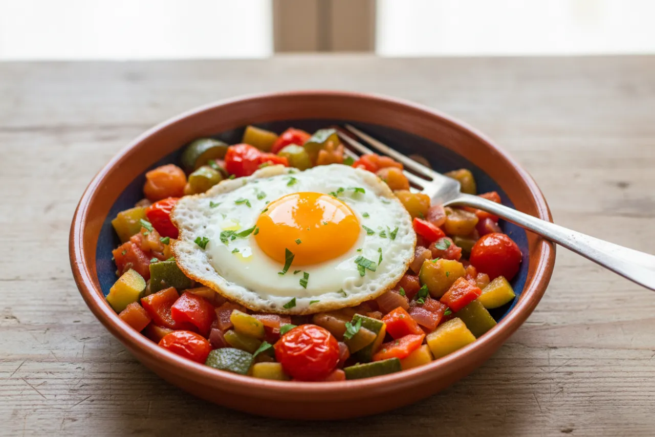 Pisto with Egg — a anti-inflammatory dinner spanish recipe with about 5g of fiber
