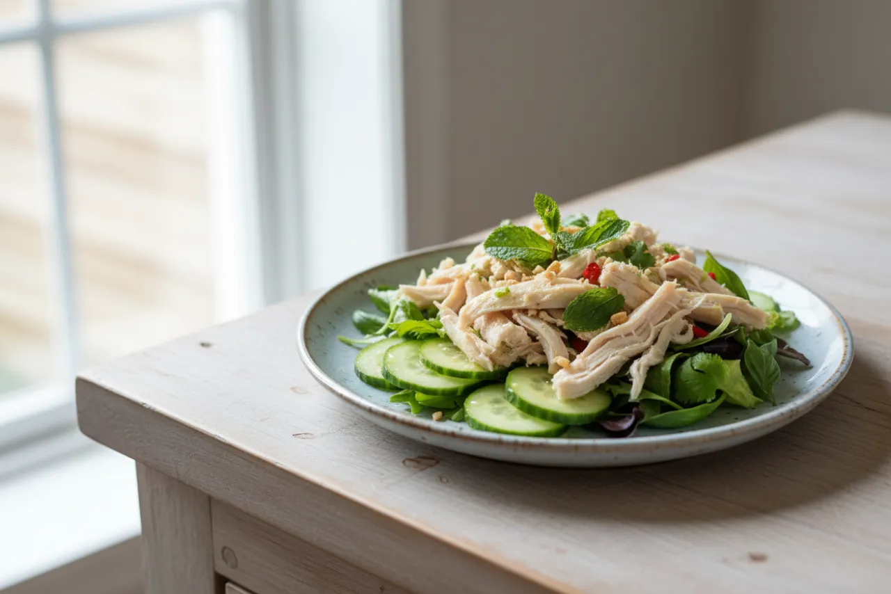 Poached Chicken & Herb Salad — a high-protein low-calorie thai recipe with about 6g of fiber