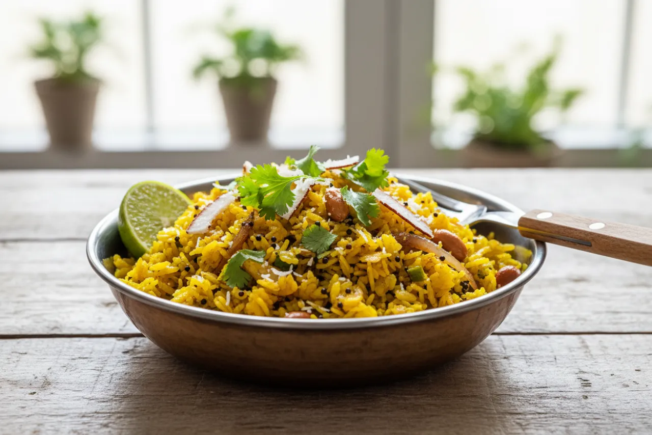 Poha — Indian recipe, finished and plated