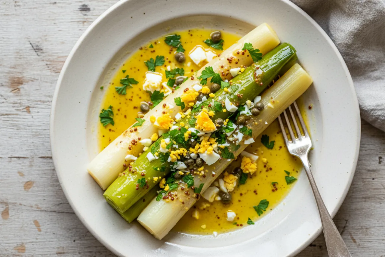 Poireaux Vinaigrette — French recipe, finished and plated