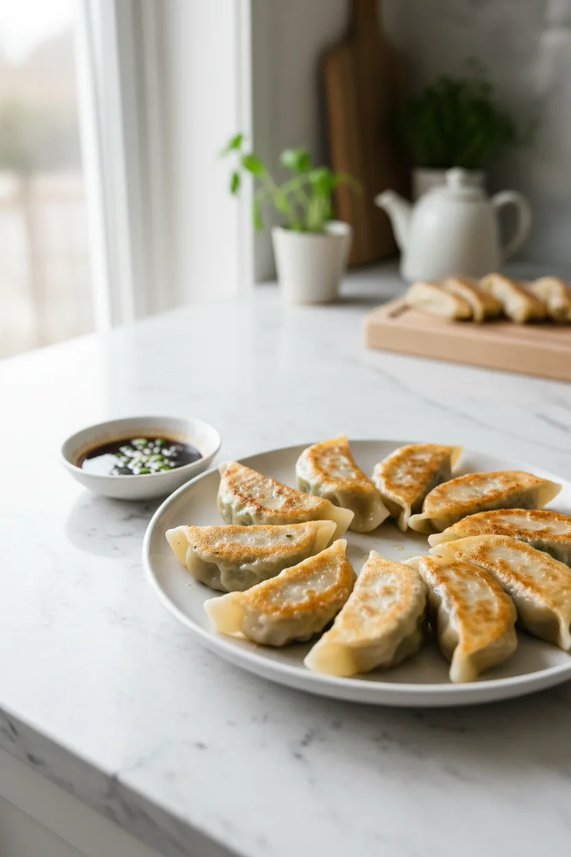 Pork and Chive Dumplings — Chinese recipe, finished and plated